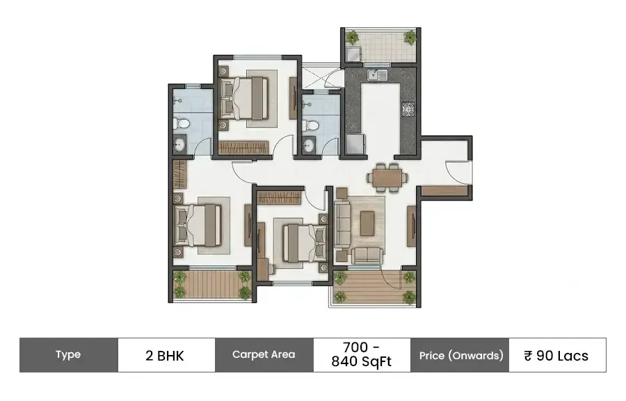 Mahindra Rivenza 2 BHK floor plan, 700 sq ft carpet area